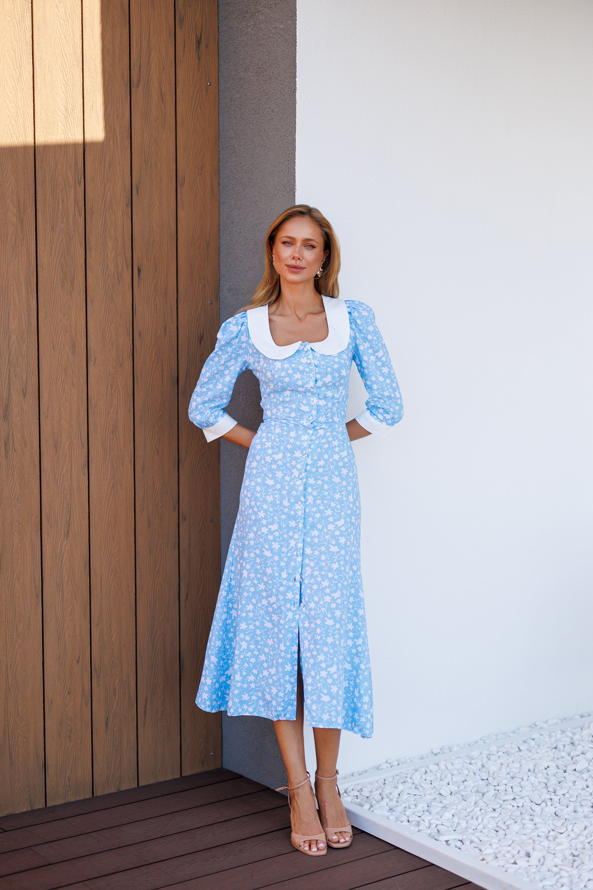 Floral Charmé Midi Dress - Sky Blue